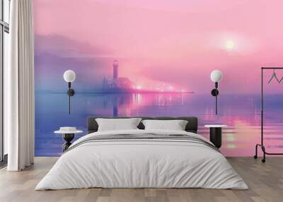 Lofi background showcasing a foggy harbor at dawn soft pastel sky and glowing water Wall mural