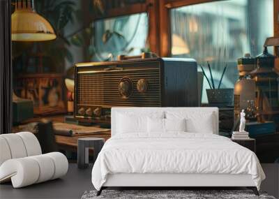 Lofi background with an old radio on a cluttered desk soft warm light for cozy feel Wall mural