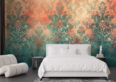 Mannerism background in muted teal and coral arabesque designs with shadowy light Wall mural