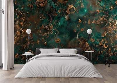 Mannerism wallpaper of twisting floral patterns in bronze and emerald with glowing accents Wall mural