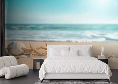 Minimalist card backdrop with smooth sandy beach pale blue sky and seashell Wall mural