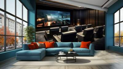 Minimalist cinema leather seating acoustically treated walls. sound 100-inch MicroLED display Wall mural