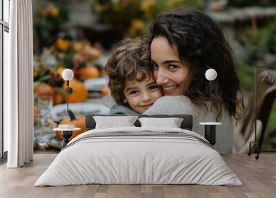 Mother and Child at Thanksgiving Table: Family and Celebration Wall mural