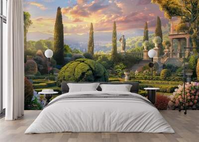 Neo-Classical garden scene with manicured hedges and soft sunset as the wallpaper Wall mural