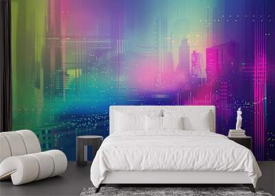 Neon accents and digital landscapes layered with bright gradients in a retro backdrop Wall mural