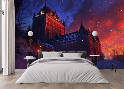 Non-real Château Frontenac scene with grand castle glowing under red sky Wall mural