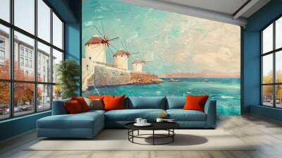 Non-real Mykonos windmills against a blue sea and sky with subtle red hues Wall mural