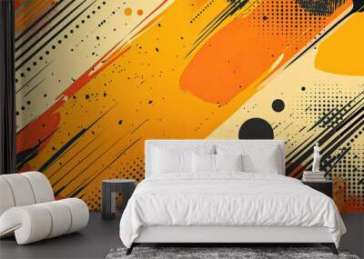 Orange pop art backdrop with dynamic speed lines abstract shapes and dotted textures Wall mural