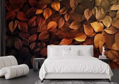 Overlapping copper leaves cascade over a gradient autumn background in rich hues Wall mural