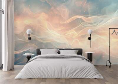 Pale peach and sky blue wallpaper with ribbon textures light glows and heart bursts background Wall mural