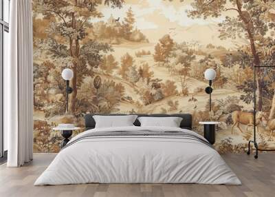 Pastoral scenes in earth tones with gold details on a Baroque tapestry wallpaper exuding rustic charm Wall mural