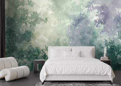 Peaceful forest wallpaper with watercolor-like textures and soft gradients in purples Wall mural