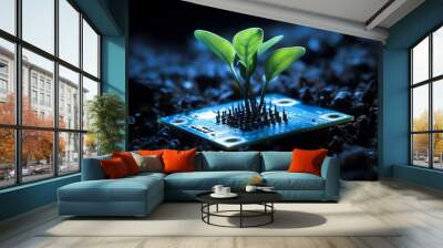 plant grows in microprocessor surronded by soil Wall mural