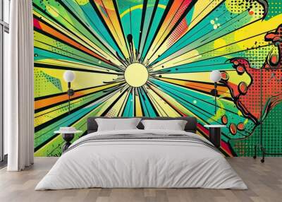 Pop art backdrop in green with radial patterns and bold comic book elements Wall mural