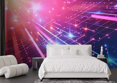 Retro-futuristic shapes and neon grids creating a dynamic 80s-inspired background Wall mural