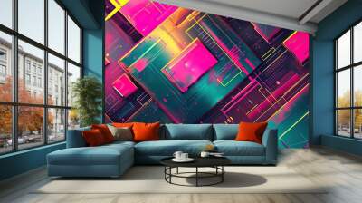 Retro-futuristic wallpaper with neon highlights and geometric patterns in pink and teal Wall mural