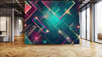 Retro-futuristic wallpaper with neon highlights and geometric shapes in bright tones Wall mural