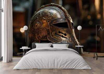 Roman Legionnaire's helmet with intricate engravings on rustic table Wall mural