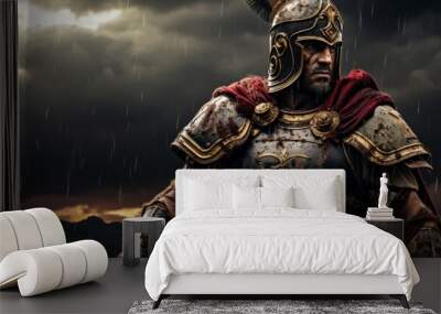 roman legionnaire in full armor raising a standard against stormy skies Wall mural