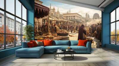 Roman market square bustling trade fair merchants offering exotic goods Wall mural