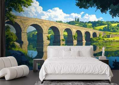 Roman stone bridge illustration arches reflected in river green trees and hills under bright sky Wall mural