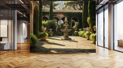 Roman villa's ornate garden statues fountains meticulously landscaped Wall mural