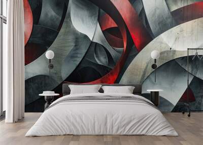 Sharp and curved shapes in monochrome with red accents in constructivist wallpaper Wall mural