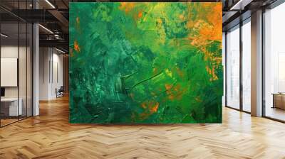 Spectrum of bright greens and oranges wallpaper textured brushstrokes on rough canvas Wall mural