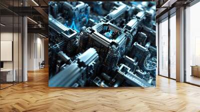 Steel gray and blue metallic fractal structures create a futuristic cityscape Wall mural