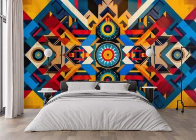 Striking primary colors evoke Hispanic pride in symmetrical geometric patterns background Wall mural