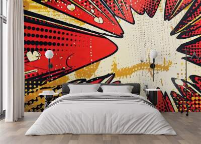 Striking red wallpaper with vibrant comic lines and detailed halftone patterns Wall mural