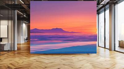 Sunset-inspired summer card with gradient sky distant mountains and calm ocean waves Wall mural