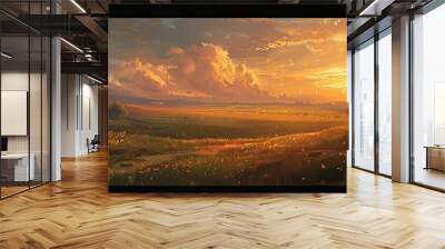 Sunset scene over plains with a Renaissance touch soft light and details Wall mural