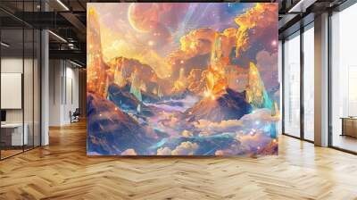 Surreal mountain range with floating reflective crystals and rivers of light Wall mural