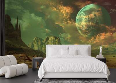 Surreal Symbolist desert scene with dark dunes and an enigmatic sky Wall mural