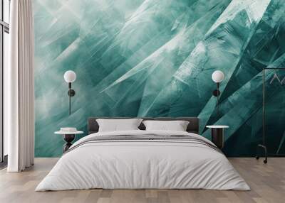 Teal to soft grey winter wallpaper with sharp frost patterns and dynamic light streaks Wall mural