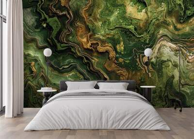 Textured forest wallpaper with liquid-like swirls in green and brown like forest streams Wall mural