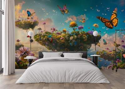 Vibrant flowers and butterflies on floating islands whimsical charm background Wall mural