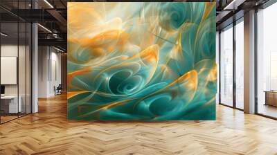 Vibrant teal and yellow design swirling shapes of sunlight and petals in background Wall mural