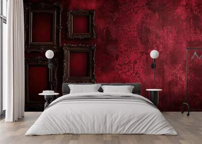 Victorian-style background with ornate picture frames on a rich burgundy wall Wall mural