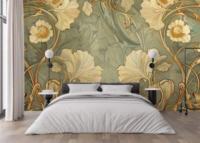 Vintage Art Nouveau wallpaper with flowing lines and floral designs in muted colors aged look Wall mural