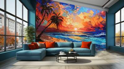 Vivid beach scene with expressive brushstrokes shimmering waves and colorful sunset Wall mural