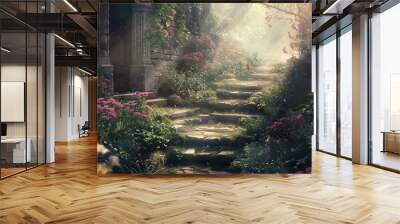 Wallpaper of a garden with vibrant flowers ancient paths and soft dappled light creating enchantment Wall mural