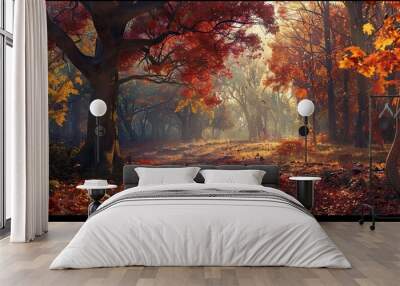 Wallpaper showcasing an autumn forest with vibrant red leaves soft sunlight filtering through trees and calm Wall mural