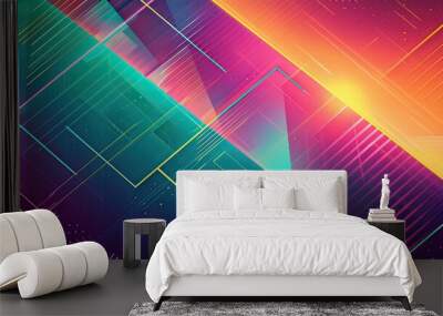 Wallpaper with vibrant neon highlights and geometric patterns in teal and orange hues Wall mural