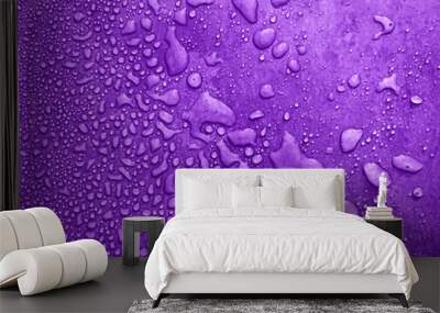 water drops of different sizes on a purple surface, drops texture, rain on violet tile, rain texture, mauve refreshing background, mulberry wet textured, bruised tone, portrait Wall mural