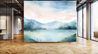 watercolor landscape background featuring rolling hills and a tranquil lake Wall mural