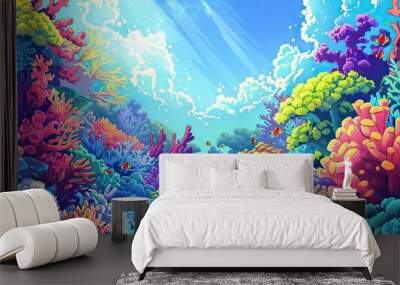 Whimsical ocean reef with colorful corals and oversized seaweed under a bright sky ideal for text Wall mural