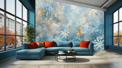 Winter wallpaper with pale blue-gold gradient and interlocking snowflakes Wall mural