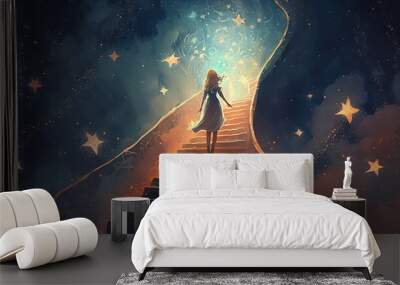 Young woman standing on a fantasy staircase reaching the stars in the sky. illustration painting Wall mural